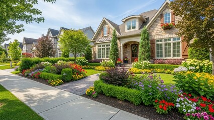 Obraz premium A beautiful suburban home with a vibrant garden and colorful flowers