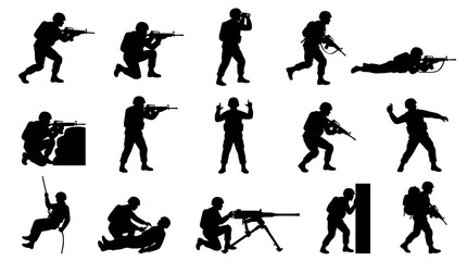 Obraz premium Silhouette of Soldiers with Weapons in Various Poses, Military Action Glyph