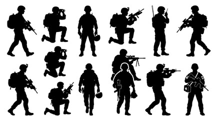 Fototapeta premium Military Soldiers Silhouettes Vector Illustration Set for Army and Warfare Concepts