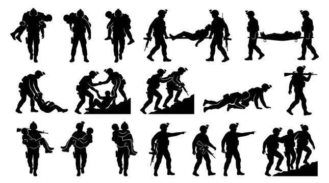 Military Rescue Silhouette Icons: Soldiers Helping Wounded Comrades