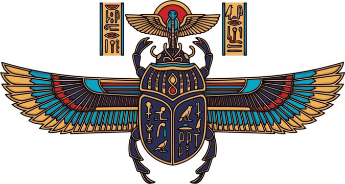 sacred Scarab egypt culture wall art design. beetle with wings Vector illustration logo, personifying the god Khepri. Symbol of the ancient Egyptians
