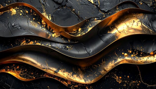 An abstract composition, featuring undulating ribbons of black material, intricately interwoven with golden highlights and specks