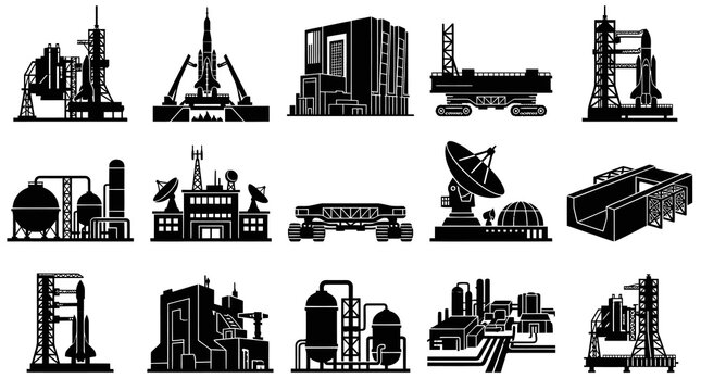 Black  White Aerospace, Science  Industrial Technology Glyphs Icons Set
