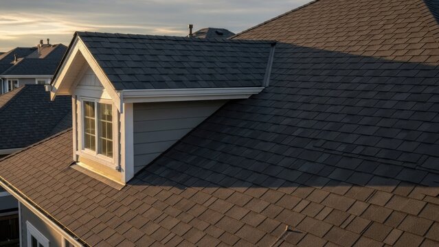 A close-up view of a house roof with brown shingles and a dormer window