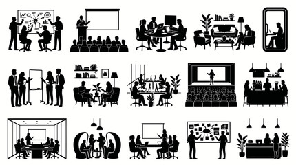 Obraz premium Business Meeting Silhouettes - Diverse Office Presentation Scenes