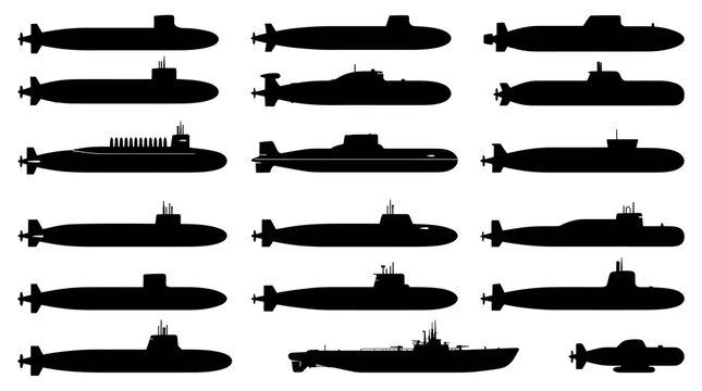 Silhouette Icons of Various Submarines, Naval Technology, Vector Art