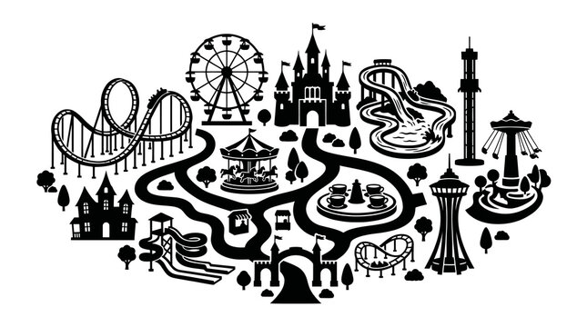 Amusement Park Attractions Silhouette Icon Set. Entertainment Theme Park Layout Map Vector