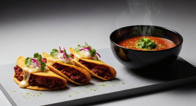 Three Mexican Beef Tacos with Melted Cheese and Cilantro Served with Consome or Salsa on Grey Stone Board and Dark Background