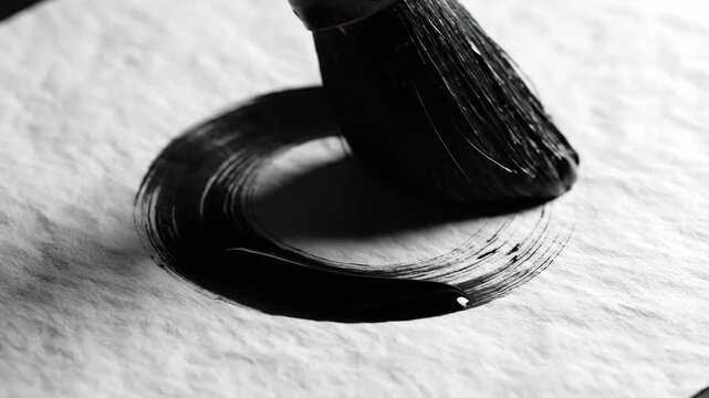 A skilled artist creates a fluid, expressive black ink circle on delicate white paper using a bamboo brush.