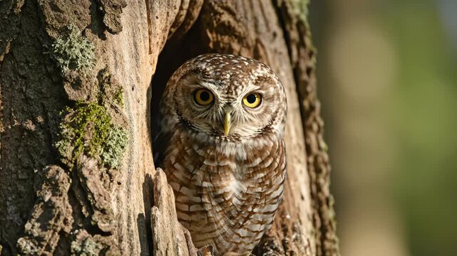 A small spotted owlet emerges from its natural tree hollow, observing its surroundings with keen eyes.