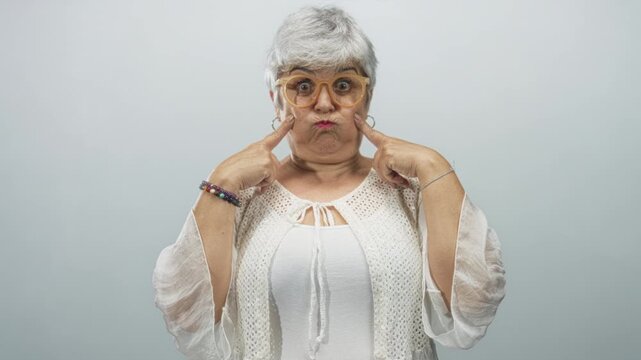 Woman pointing index fingers to her cheeks, puffing cheeks and wearing large glasses in a studio setting; playful mischief.