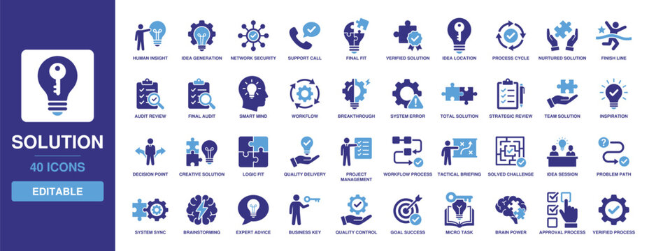Solution icon set including graphics for idea generation, network security, process cycle, workflow, system error, team solution, creative logic, and project management.