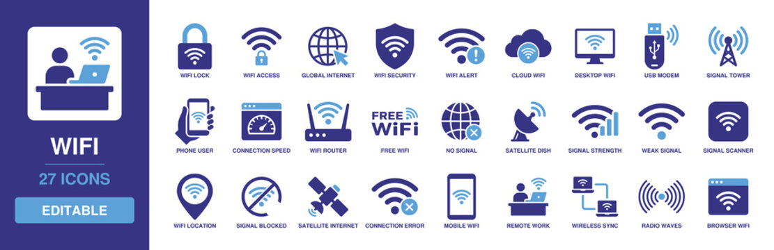 WiFi icon featuring designs of wifi lock, access, global internet, security, alert, cloud, router, signal tower, satellite dish, modem, and phone connection.
