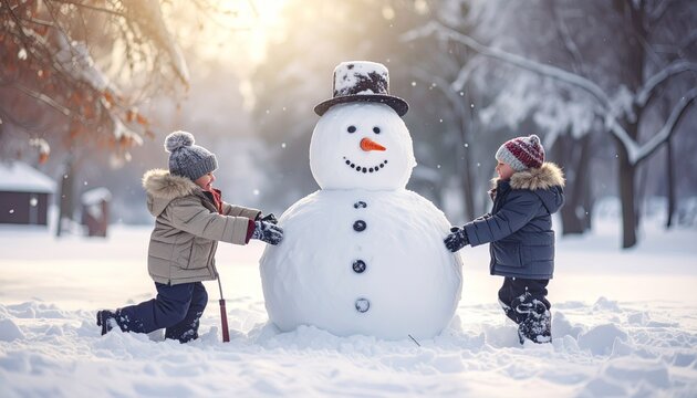 Two Children In Warm Winter Coats And Hats Building A Large Snowman With A Top Hat In A Snowy Park On A Bright Sunny Day