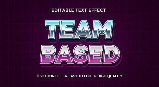 Team based 3d editable text effect with retro chrome and purple gradient style, futuristic synthwave inspired typography for gaming and sports