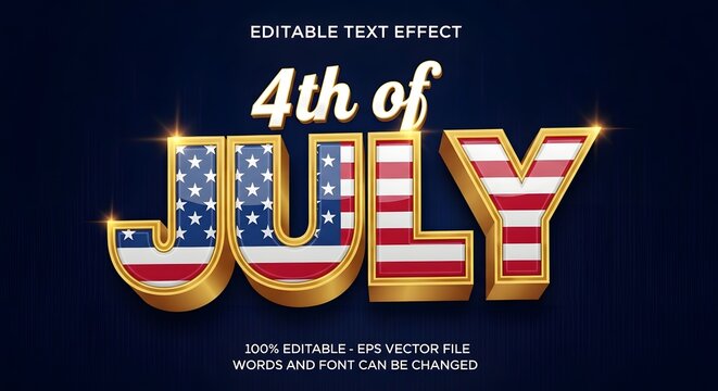 3d 4th of july text effect with american flag pattern and golden borders on a dark blue background with light effects