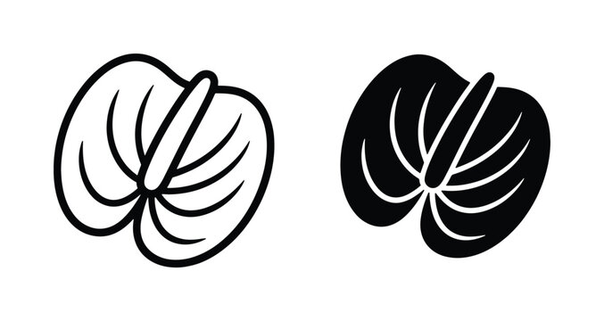 Minimalist anthurium flower icons, tropical laceleaf blossom vector set, black and white floral line art, exotic botanical silhouettes for logo design