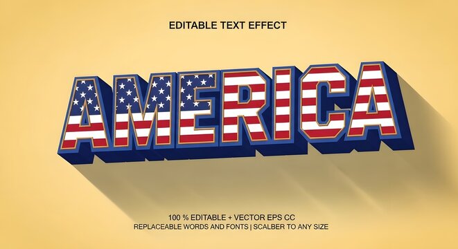 Editable 3d text effect for america with us flag pattern, blue outline, and long shadow on a yellow background patriotic typography design
