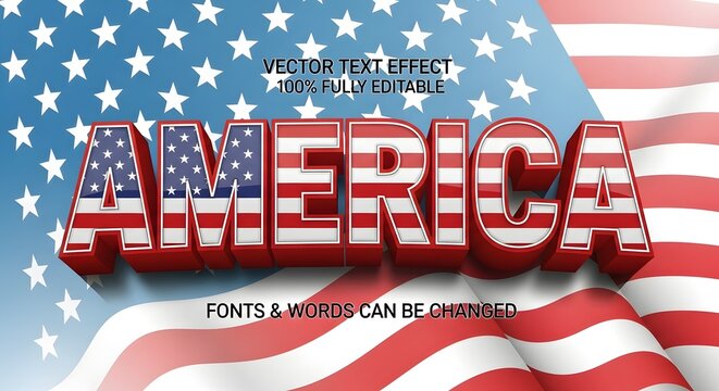 America 3d vector text effect with american flag texture and wavy flag background