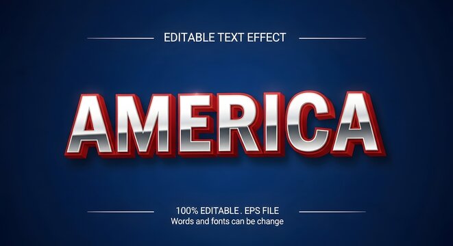 America 3d editable text effect with metallic silver and red style