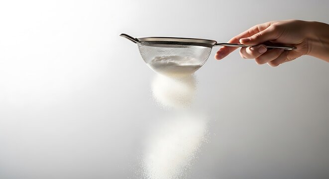 Hand Sifting Flour Through a Metal Sieve Isolated on Grey Background