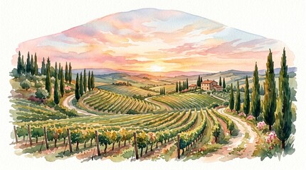 Fototapeta premium Tuscan vineyard landscape, watercolor illustration of a scenic Italian wine country, rolling hills with cypress trees and a beautiful sunset sky, ideal for travel and food branding.
