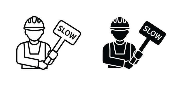 Construction worker holding slow sign icon vector set. Road maintenance laborer in hard hat and safety vest. Traffic control flagger symbol for site safety.