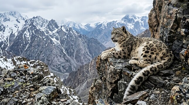 Leopard Cub Resting on Rocky Mountain Cliff with Snow-capped Peaks in Background