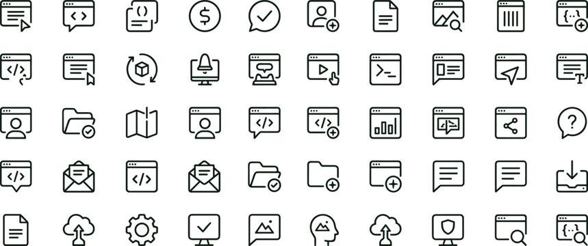 Web interface development outline icon set illustrating coding dashboards communication file management analytics upload workflows and application user interface elements collection