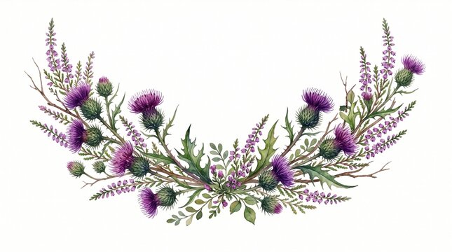 Scottish Thistle and Heather Wreath, a vibrant purple watercolor floral arrangement, traditional Celtic botanical design element, perfect for invitations and branding.