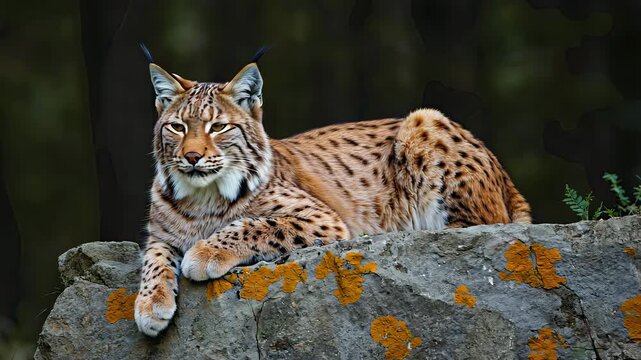 Majestic Lynx Lying on Rock in Natural Forest Habitat, Staring Calmly Forward