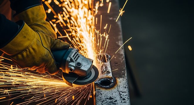 Industrial worker grinding metal with angle grinder and bright sparks