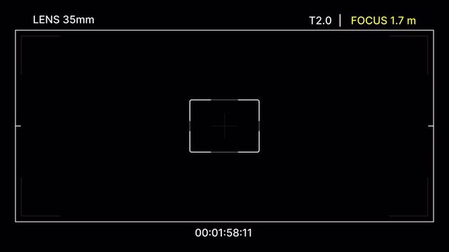 Cinematic camera viewfinder interface with lens info, focus distance, frame guides for overlay. Film viewfinder interface modern minimal style. Camera monitoring screen display for filming. 4K video