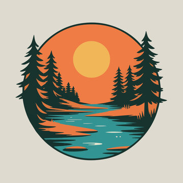 A vibrant, stylized circular illustration depicting a serene natural landscape with tall evergreen trees flanking a flowing river under a bright orange sun.