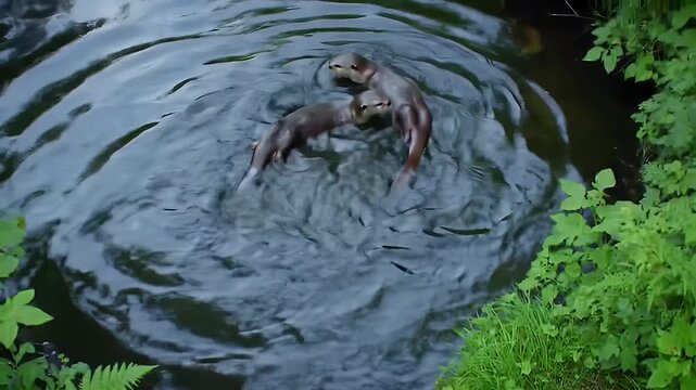 Two Brown Otters Swimming in Rippled River Water Surrounded by Green Vegetation
