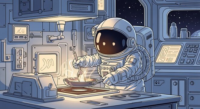 An astronaut in a spacesuit cooks in the galley of a spaceship. A star-filled view of space is seen through a window. Interior scene