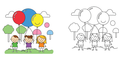 Fototapeta premium Happy Kids Holding Large Colorful Balloons in a Park - Set of Colored Illustration and Black and White Line Art Vector for Kids Coloring Page and Birthday Party Graphic Design