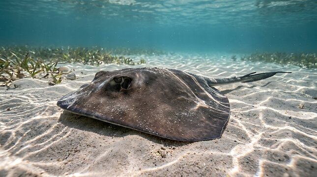 Stingray Resting on Sandy Ocean Floor in Clear Shallow Water