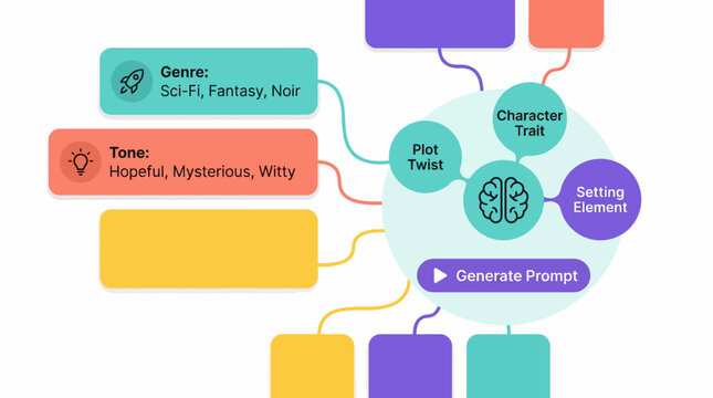A colorful digital mind map illustrating creative writing prompts and story idea generation with interconnected concepts like genre, tone, character, plot, and setting.