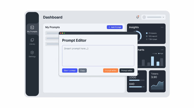 Screenshot of a modern dashboard interface with a 'Prompt Editor' window open, displaying various data widgets and navigation elements.