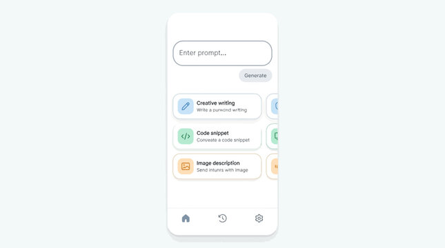 A mobile phone screen displaying an AI content generation application with various creative tools and an input prompt field.