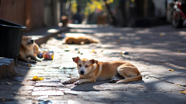 A group of stray dogs lying on a square with trash and worn pavement. A calm scene captured in documentary street photography style