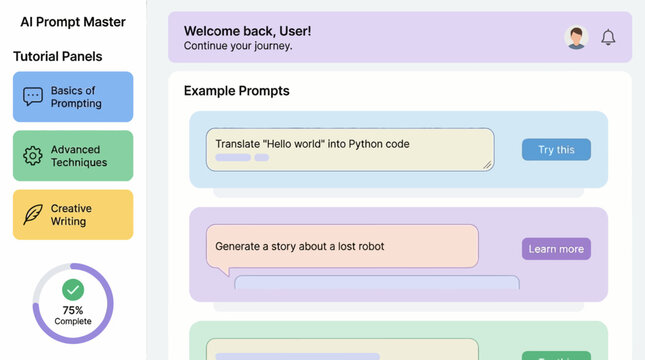 AI Prompt Master application interface showing tutorial panels and example prompts for learning AI prompting techniques.