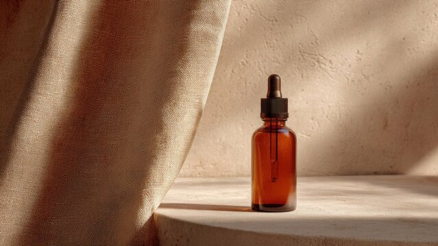 Amber Glass Dropper Bottle on Stone Surface with Linen Fabric