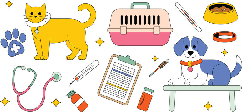 Flat vector set of veterinary clinic icons featuring cat dog pet carrier stethoscope medicine and medical clipboard for animal healthcare services and professional pet grooming and wellness design 