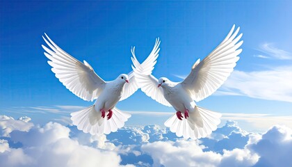 Fototapeta premium Two white doves soar gracefully against a vibrant blue sky with scattered white clouds below symbolizing peace and freedom in flight