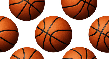 Obraz premium Multiple basketballs scattered across a white background forming a repeating pattern.