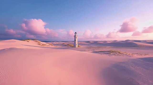 Dreamy Lighthouse on Pink Desert Dunes at Sunset, Serene Landscape Illustration