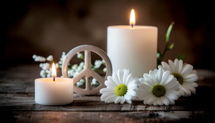 Peace Symbol and Burning White Candles with Daisies on Wood