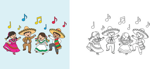Obraz premium Happy Mexican Children Dancing in Traditional Costumes with Sombreros - Set of Colored Illustration and Black and White Line Art for Kids Coloring Page and Cultural Education